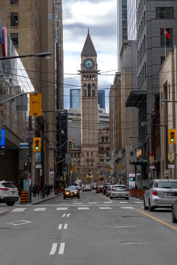 Canadian city street framed by modern buildings